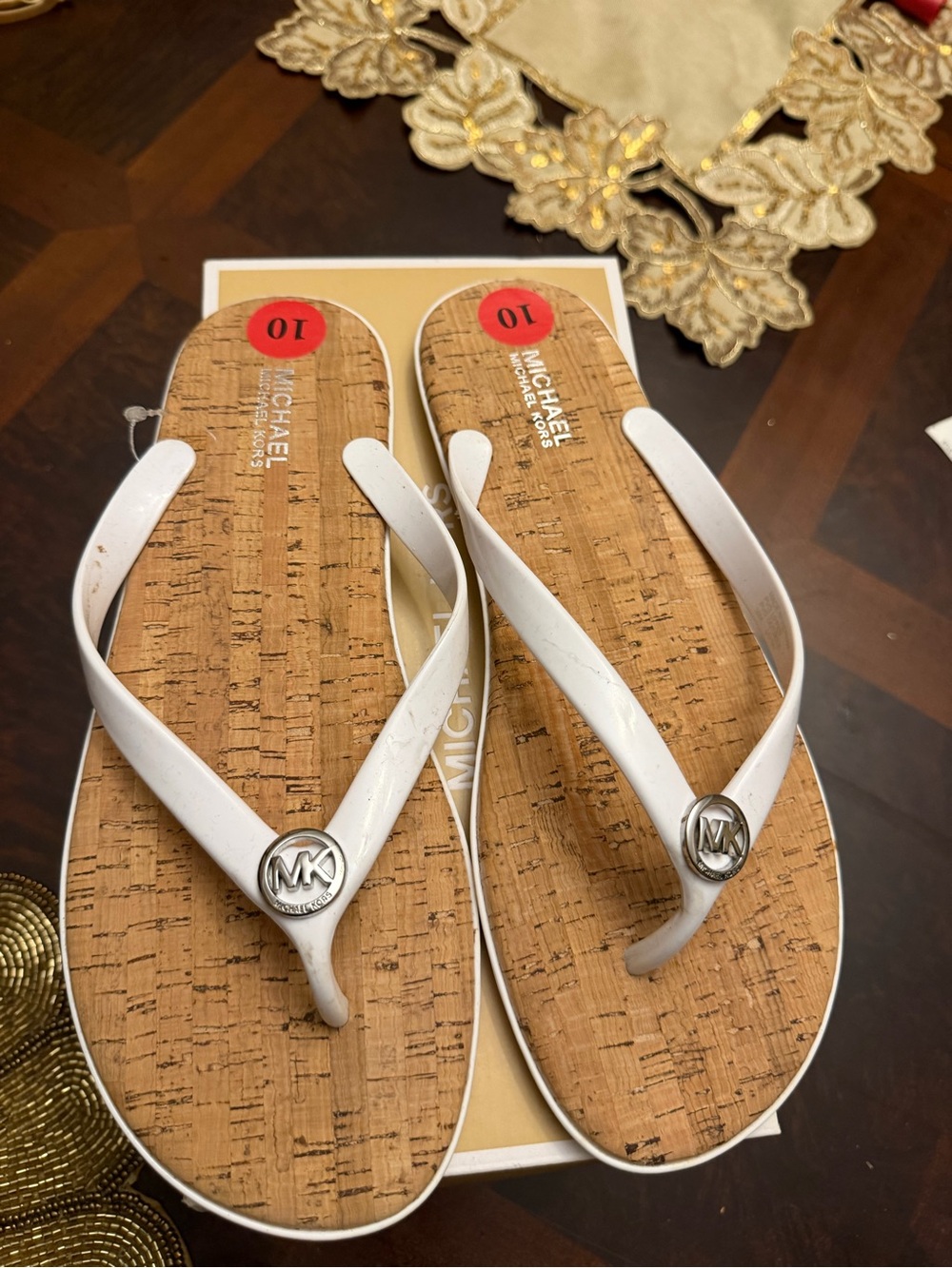 MICHAEL Michael Kors White Cork-Effect Logo Thong Sandals